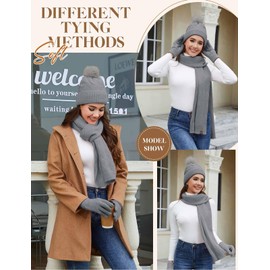 heekpek Hat Scarf Touchscreen Gloves Set for Women Winter Women Gift Set Beanie with Bobble Fleece Lined Warm Winter Hat 3 in 1 Set, gray, One size fits all