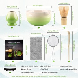 Matcha Set (7-Piece) Which Matcha Whisk, Matcha Cup, Matcha Bowl, Chasen, Matcha Sieve, Matcha Spoon, Ideal Starter Matcha Kit for Easy Matcha Making (White Green)