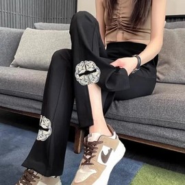 2024 Summer New Chinese Style High-Waist Bootcut Yoga Pants with Plate Buckle for Curvy Women Slimming XXL/Black 5ea