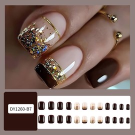Brown French Tip Press on Nails Short Square Fake Nails Gold Foil Glitter Nails Tip Design Acrylic Nails Brown False Nails Reusable Stick on Nails Full Cover Artificial Glue on Nails for Women 24Pcs
