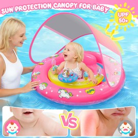 Baby Pool Float with UPF50+ Sun Protection Canopy, Inflatable Unicorn Baby Swim Float with Double Air Chambers, Adjustable Safety Seat & Toy Console Toddler Pool Float for 6-36 Months Boys Girls