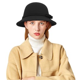 WULIQIUQIU Felt Cloche Hat for Women Bowknot Fedora Bucket Hat 1920s Vintage Bowler Hats Black