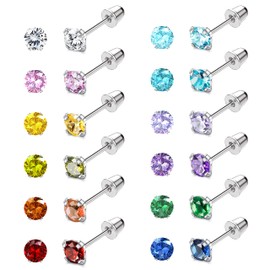 JeryWe 12 Pairs Screw Back Earrings for Women Stainless Steel Multicolored Cubic Zirconia Earrings 3mm /4mm/5mm Stud Earrings with Safety Backs Hypoallergenic Earrings 5MM