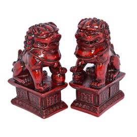 2pc Chinese Oriental Foo Dogs Imperial Lions on a Ornate Pedestal Base 4" Tall Protection Guardians Fung Shui Statue Figure Mahagany Red Color