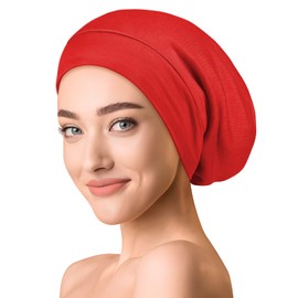 OLESILK Silk & Cotton Jersey Hat Lightweight and Soft Slouch Beanie Reversible Hat Knitted Hat Unisex Adjustable for Men and Women, red