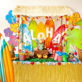 2Pc Luau Grass Table Skirt, Hawaiian Party Decorations Hawaiian Table Skirt 30'' x 9 Feet with Hibiscus Flowers Straw Yellow Party Skirt for Luau Party Hawaiian Theme Party