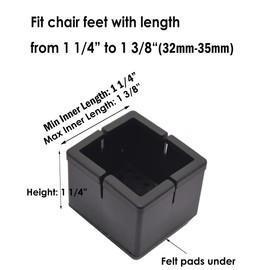 Silicone Furniture Chair Leg Caps Pads Floor Protectors with Felt (Square L: 1-1/4" W: 1-1/4", Black)