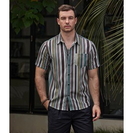 VATPAVE Mens Striped Summer Shirts Casual Button Down Short Sleeve Beach Stylish Untucked Hawaiian Shirts XX-Large BrownGreen Stripes