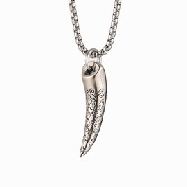 Punk Hip-Hop Rock Wolf Tooth Pendant Necklace, Exquisitely Carved Patterns, 316L Stainless Steel, Silver Stainless Steel Square Pearl Chain, Vintage Jewelry Gift For Men And Women