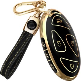 Lucrum Compatible with Hyundai IONIQ 6 Key Fob Cover & Leather Keychain, 7 Buttons TPU Keyfob Case for Santa Fe, Grandeur, KONA, Elantra (2022-2025) - Black and Gold