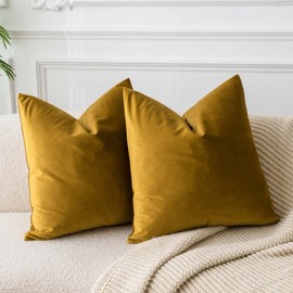 JUSPURBET Mustard Yellow Velvet Throw Pillow Covers 22x22 inch Set of 2 for Living Room Couch Bedroom Decorative Luxury Soft Cushion Cases with Invisible Zipper