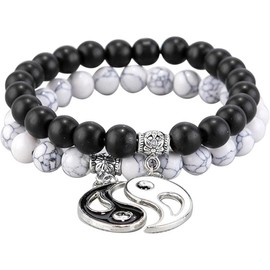 2-3Pcs Handmade Yin Yang  Stone Bead Bracelet Set for Women Men  Friend Adjustable Braided Cord Strand Tai Chi Gossip Couple Matching Bracelet Friendship - Color: F pendant