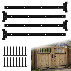 4pcs 24 inch Black Heavy Duty Barn Door Hinges, 4mm Thick Iron Barns Door Hinges with 28 Mounting Screws, T-Shaped Heavy Duty Hinges fits for Gates, Sheds, Barns, Garden gate, Garage Door