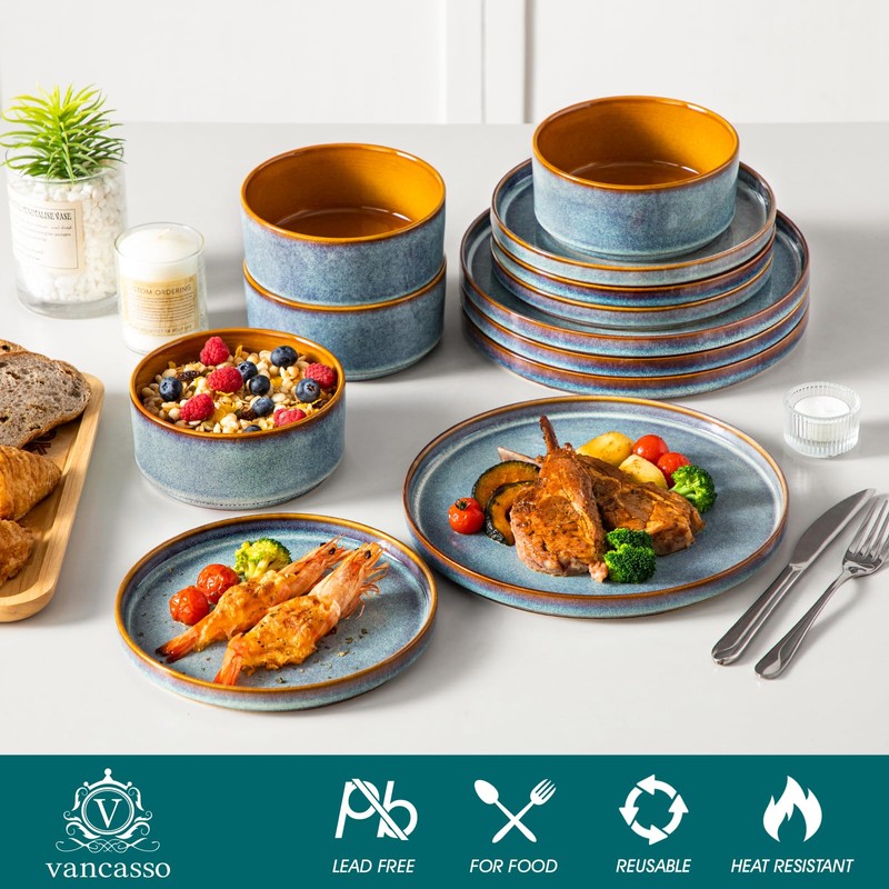 vancasso ONION Ceramic Plates and Bowls Sets, 12 Pieces Blue