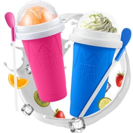 Slushy Maker Squeeze Cup, Portable Smoothie Squeeze Cup for Juices, Milk and Ice Cream Make, Double Layers Silica with Lid & Straw for Kids, Friends & Family (BLUE+PINK, STANDARD)