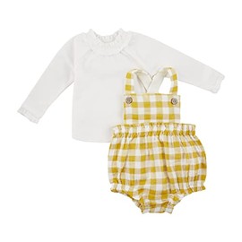 Mud Pie Baby Girl Ruffle Check Bubble Set, Mustard, 0-3 Months