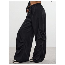 RoseSeek Girl's Straight Leg Cargo Pants Elastic High Waisted Baggy Track Wide Leg Trousers with Pocket Black 10Y