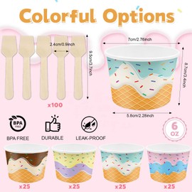 Hokoad 100 Pcs Paper Ice Cream Cups with Spoons 6 oz Ice Cream Bowls Disposable, 4 Color Treat Snack Cups for Hot or Cold Food, Ice Cream Sundae Bar Supplies for Dessert, Yogurt, Soup