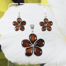 Unique Hawaiian Large Genuine Koa Wood Plumeria Earring and Necklace, Sterling Silver Plumeria Flower Pendant, N8511SH Birthday Mother Gift