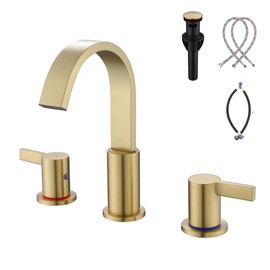 Senhozi Brushed Gold Bathroom Faucets 3 Hole, 8 Inch Widespread Waterfall Bathroom Sink Faucet, 2 Handles Vanity Faucet with Pop-up Drain and Supply Hose SE-0018-BG