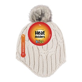 HEAT HOLDERS - Girls Cable Knitted Beanie Hat with Pom Pom Bobble for Winter | Warm Thermal Insulated Hat (3-6 Years, Buttercream)