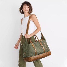 S-ZONE Weekender Bag for Men Canvas Duffle Large Weekend Overnight Travel Carry On Tote Bag with Shoe Compartment (Army Green)