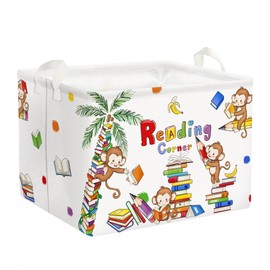 Clastyle Reading Corner School Classroom Book Basket with Handle 36L Large Monkey Book Tree Shelf Basket for Kid Room Nursery Collapsible Rectangle Clothes Towel Toy Storage Basket