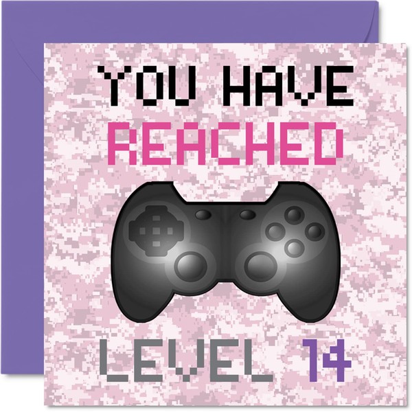 14th Gamer Birthday Card - You Have Reached Level 14 - Girls Birthday Cards, Teenager Fourteen Fourteenth Games Birthday Greeting Cards, Video Game Gaming Daughter Granddaughter Niece 5.7 x 5.7 Inch