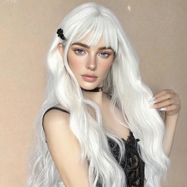 NOSTALGIA White Wig With Bangs White Long Wavy Wigs for Women,Long Curly Synthetic Wig for Party Cosplay Daily Use