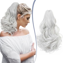 TESS Claw On Ponytail Extension Matte Material 14 Inch/37cm Curly Wavy Clip In Pony tail Synthetic Hairpiece, Silver Gray