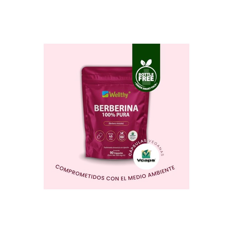 Wellthy Berberina Pura 90 Cápsulas. 100% Berberis Aristata, 500mg c/u,