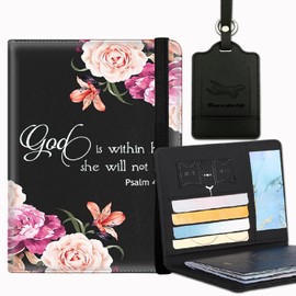 Passport Cover and Luggage Tag Set, PU Leather Passport Case Holder Travel Suitcase Tag, Travel RFID Blocking Passport Cover Passport Wallet for Women Men, Peony Flower Psalm 46-5