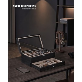 SONGMICS 12-Slot Watch Box, 2-Tier Watch Display Case with Large Glass Lid, Removable Watch Pillows, Velvet Lining, Jewelry Box, Gift Idea, Ebony Black UJOW012B01