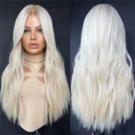 RHAH Synthetic Hair Cosplay Wigs for Women Lady Ombre White Icy Blonde Lace Front Wig Natural WAve Glueless Long Blond Colored Daily Wear Party Wig High Heat Resiatant Wavy Pre Plucked Hairline