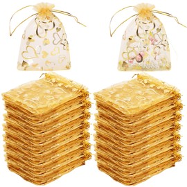 AUXIN 100 Pcs Organza Bags, 9x12cm Heart Printed Sheer Drawstring Gift Bags Gold Organza Jewelry Pouches Christmas Birthday Wedding Party Favor Bags