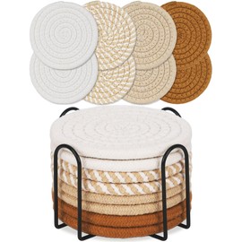 8 Pcs Drink Coasters with Holder, Boho Coasters for Drinks Absorbent, Minimalist Cotton Woven Coasters Set for Coffee Table Home Decor Bar Tabletop Protection, Suitable for Kinds of Cups 4.3 Inch