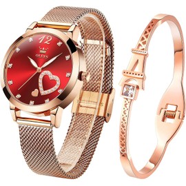 OLEVS Womens Watch Gift Set with Bracelet Rose Gold Minimalist Slim Casual Dress Analog Quartz Wrist Watches for Lady Female Waterproof Luminous Red Face