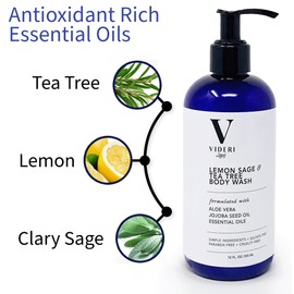 Videri Lemon Sage & Tea Tree Body Wash - Essential Oils, Aloe Vera & Jojoba - Antioxidant Rich, Gentle on Skin & Fresh Citrus Scent - Cruelty, Sulfate & Paraben Free, Vegan, Large 12 fl oz