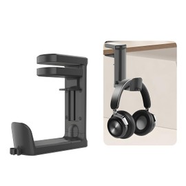 Mokiwala Rotating Headphone Stand - PC Gaming Headset Stand, Adjustable Clamp-on Headphone Holder, Headphone Hanger Hook Under Desk with 360 Degree Swivel&Cable Clip Organizer - Black