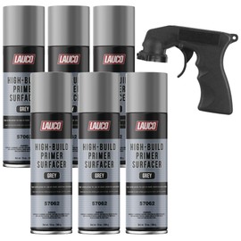 LAUCO High-Building Primer Surfacer Grey 13oz Aerosol Spray Can with Aerosol Spray Gun - Pack of 6 - For Automotive and Industrial Use