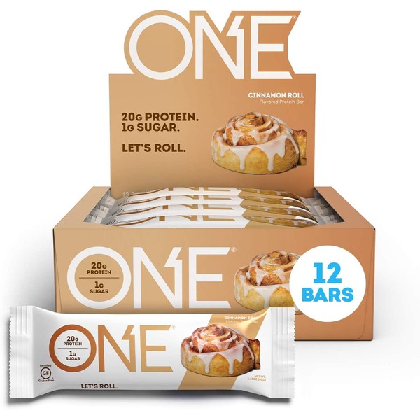 ONE Protein Bars, Cinnamon Roll, Gluten Free Protein Bars with 20g Protein and only 1g Sugar, Guilt-Free Snacking for High Protein Diets, 2.12 oz (12 Pack)