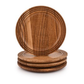 EDHAS Platter Acacia Wood Round Set of 4 Wooden Serving Platter for Coffee, Tea, Snacks, Deserts, Appetizer Home Decor, Table Centerpieces (8" X 8" X 0.75")