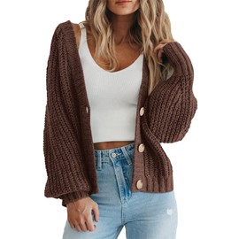 PRETTYGARDEN Women's Long Sleeve Plain Button Down Sweater Classic V-Neck Knit Cardigan Open Loose Outwear Coats (Brown,Small)