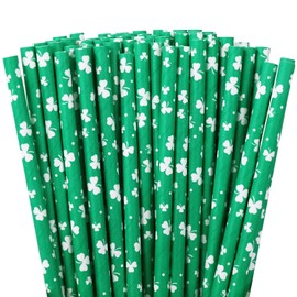 Whaline 200Pcs St. Patrick's Day Paper Straws Shamrocks Green Disposable Straws White Clover Prints Drinking Straws Irish Holiday Decorative Straws for Beverages Cocktail Birthday Party Supplies