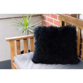 Naturally Sheepskins Genuine Mongolian Sheepskin Cushion Cover in Black | Decorative Pillow Case with Micro-Suede Backing & Zipper Closure | Breathable, Dirt-Resistant, Durable, Gift-Ready