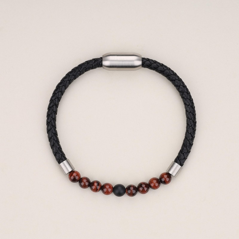 COAI Men's Leather Onyx Red Tiger Eye Stone Beaded Bracelet