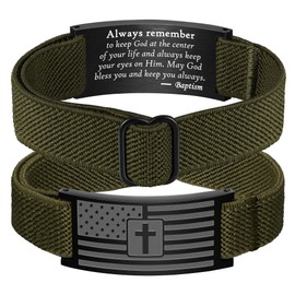 Jesvo Cross Bracelet for Men Boys, Green American Flag Military Baptismal Christian Catholic Graduation Wrist Jewelry Gifts Male Teen Teenage Kids Boys Age Son Baptism