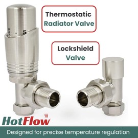 Hot Flow Satin Nickel Cascade Angled Modern TRV Thermostatic Radiator Valve (Pair) Includes Angled TRV Body, One Lock Shield & Pipe Sleeve for Quick & Easy Temperature Control.