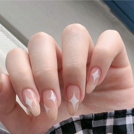 Inilbran Almond Print On Nails Medium Long Stick On Nails Star Almond Fake Nails French Ballerina Stick On Nails Shiny Fingernails Oval Full Cover Artificial 24 Pieces