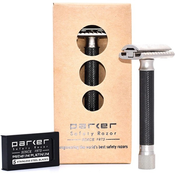 Parker Variant Adjustable Double Edge Safety Razor and 5 Parker Premium Blades - Adjust The Blade Exposure with A Turn of Dial for Milder or More Aggressive Shaves… (Graphite)